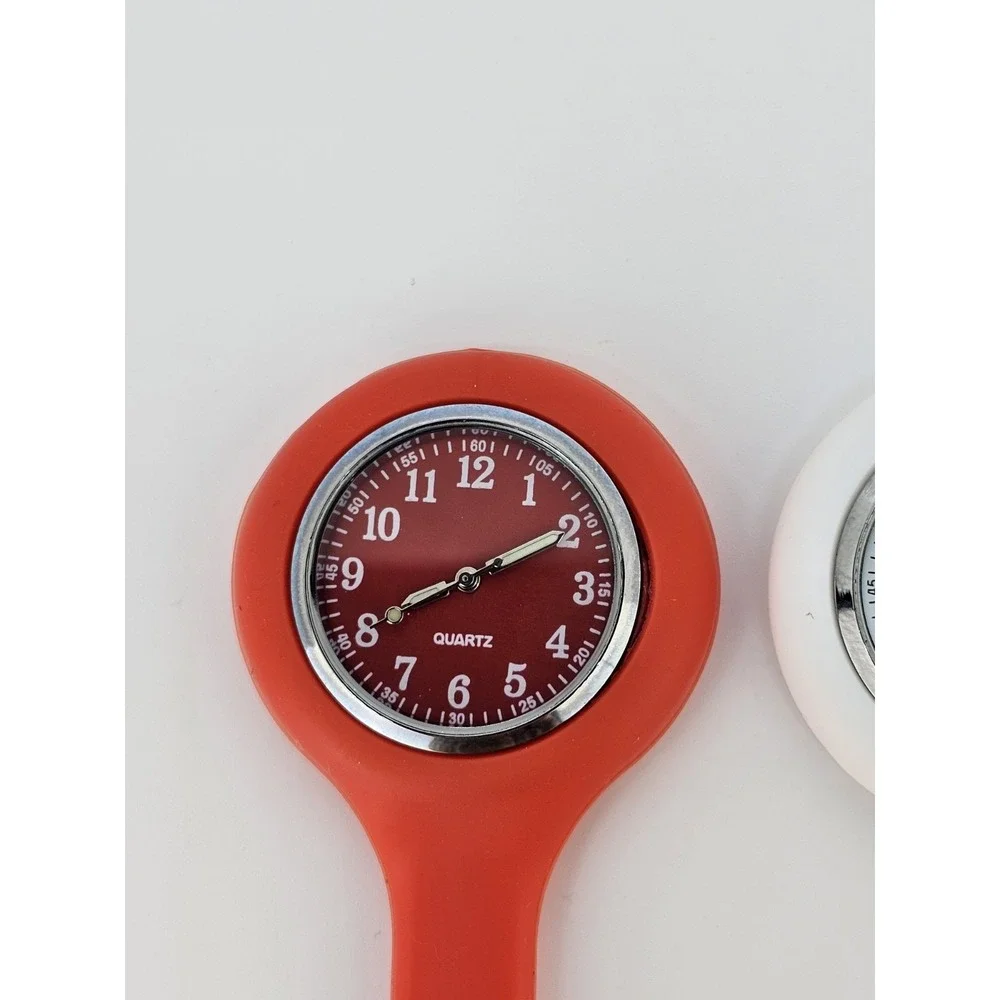 2X Nurse Watch White Red Silicone Nurse Watch Brooch Tunic Fob Watch New Battery